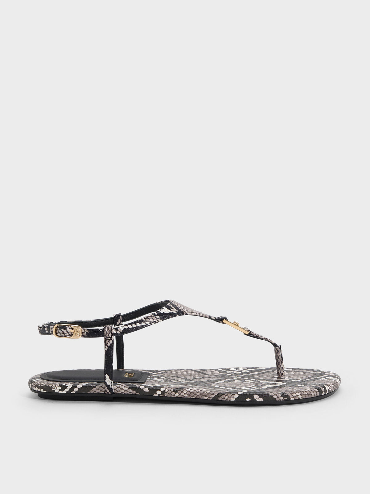 CHARLES & KEITH Customer Favorite | Leather Snake-Print T-Bar Thong Sandals - Animal Print Grey