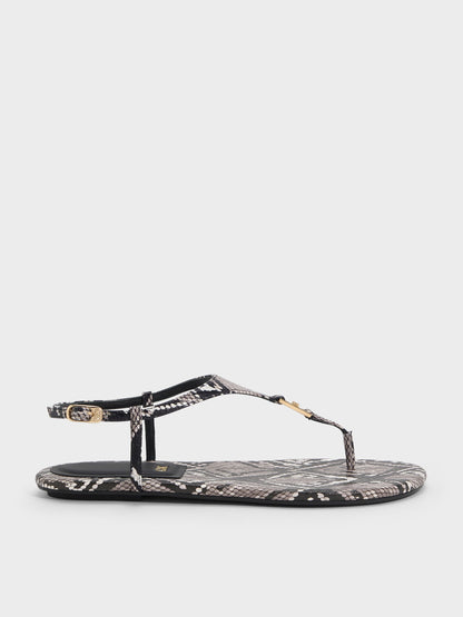 CHARLES & KEITH Customer Favorite | Leather Snake-Print T-Bar Thong Sandals - Animal Print Grey