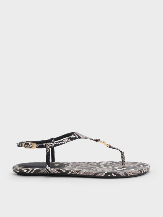 CHARLES & KEITH Customer Favorite | Leather Snake-Print T-Bar Thong Sandals - Animal Print Grey