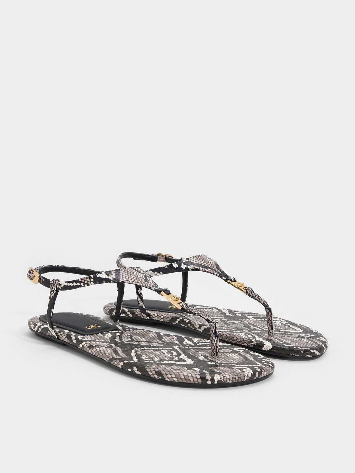 CHARLES & KEITH Customer Favorite | Leather Snake-Print T-Bar Thong Sandals - Animal Print Grey