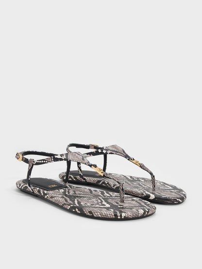 CHARLES & KEITH Customer Favorite | Leather Snake-Print T-Bar Thong Sandals - Animal Print Grey