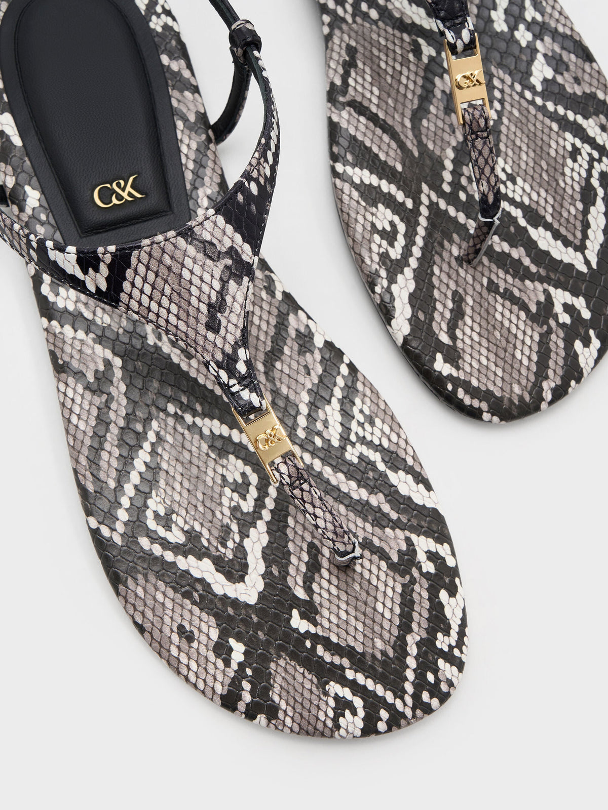 CHARLES & KEITH Customer Favorite | Leather Snake-Print T-Bar Thong Sandals - Animal Print Grey