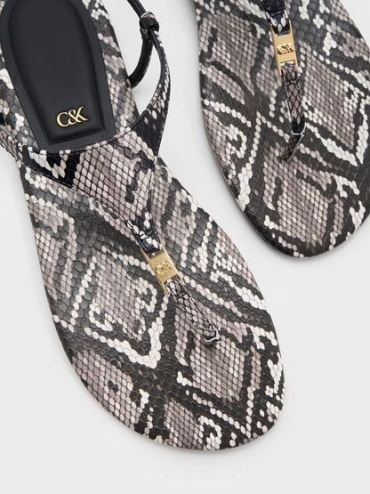 CHARLES & KEITH Customer Favorite | Leather Snake-Print T-Bar Thong Sandals - Animal Print Grey