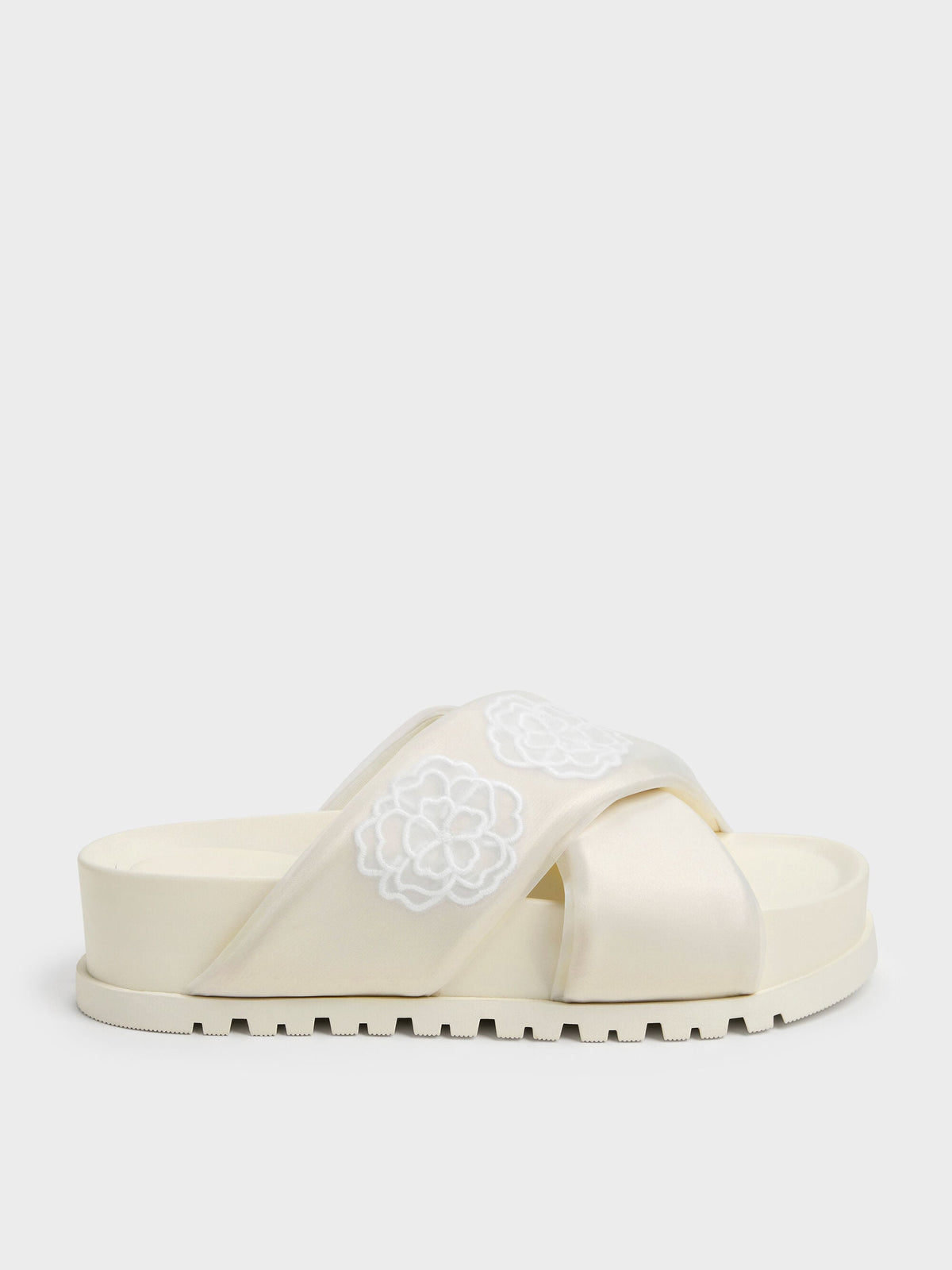 CHARLES & KEITH Trusted | Satin Embroidered-Flower Crossover Sandals - Chalk