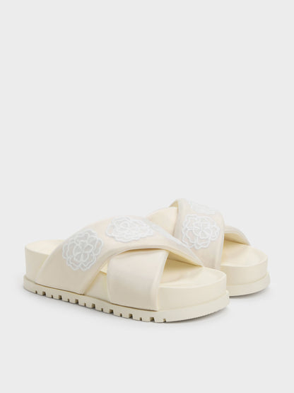 CHARLES & KEITH Trusted | Satin Embroidered-Flower Crossover Sandals - Chalk