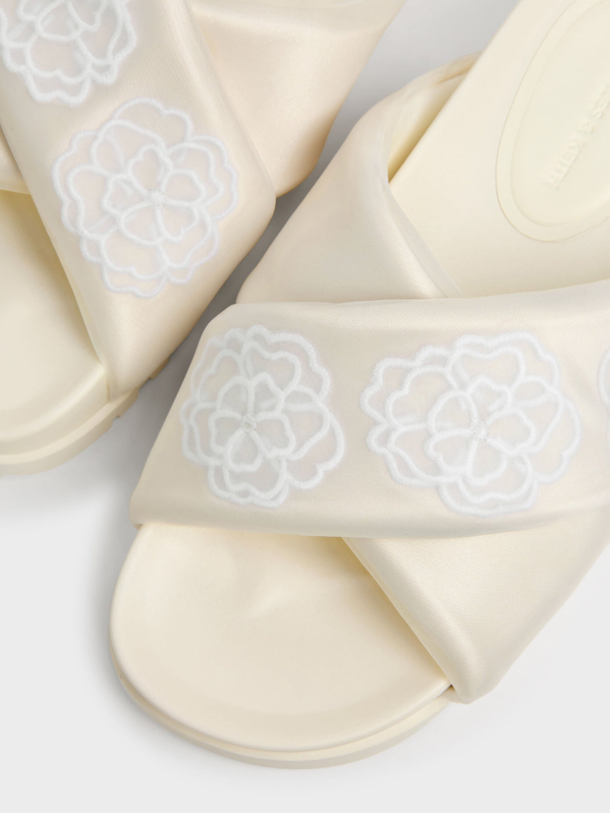 CHARLES & KEITH Trusted | Satin Embroidered-Flower Crossover Sandals - Chalk