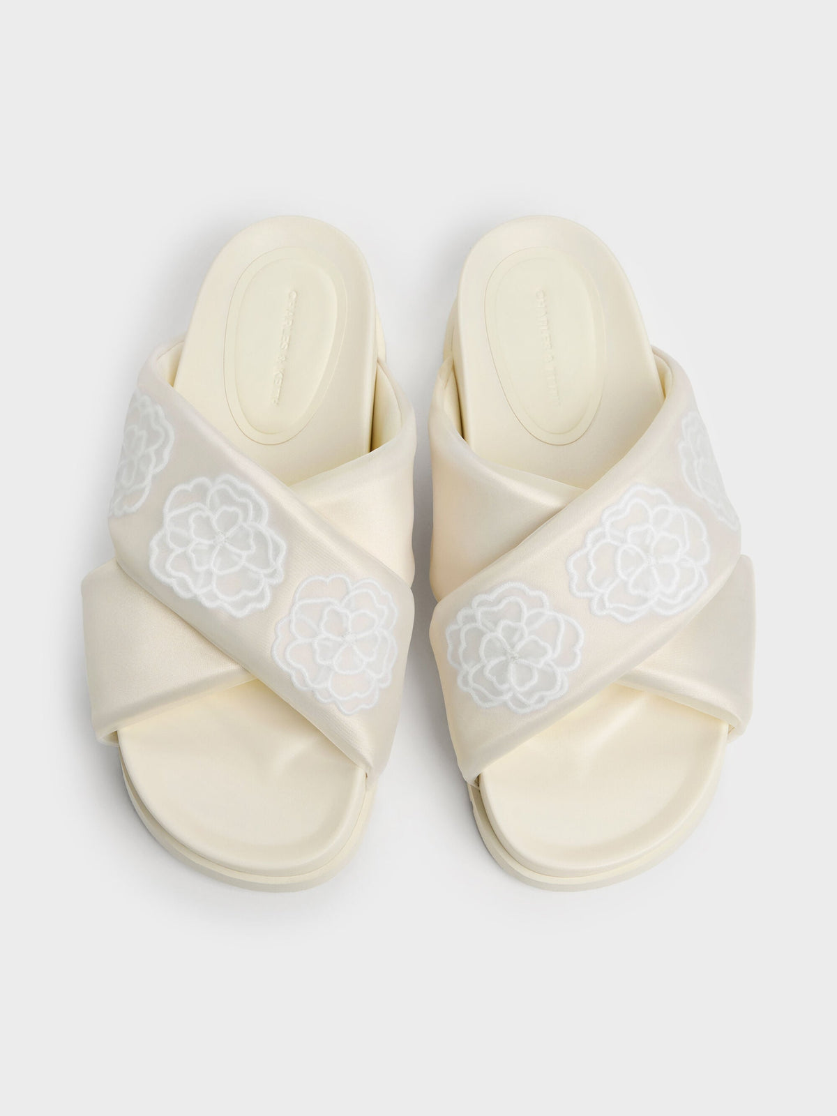 CHARLES & KEITH Trusted | Satin Embroidered-Flower Crossover Sandals - Chalk
