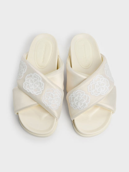 CHARLES & KEITH Trusted | Satin Embroidered-Flower Crossover Sandals - Chalk