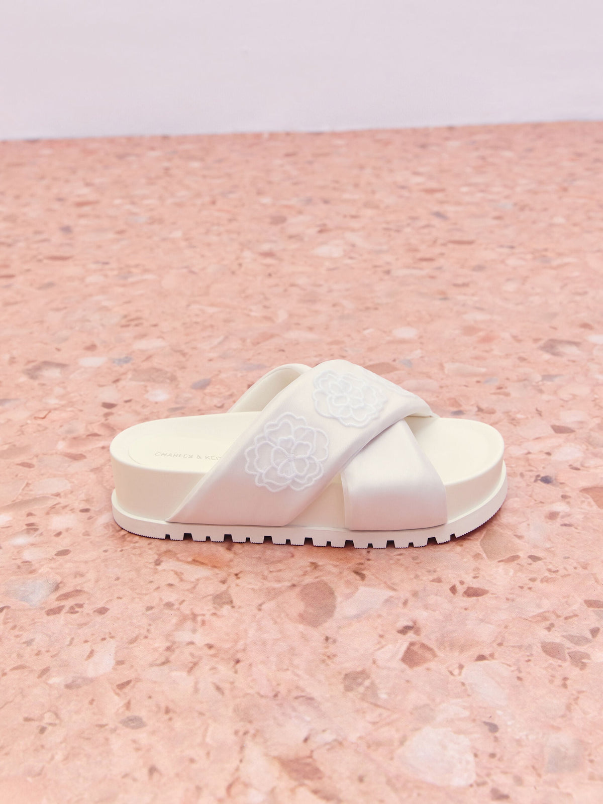 CHARLES & KEITH Trusted | Satin Embroidered-Flower Crossover Sandals - Chalk