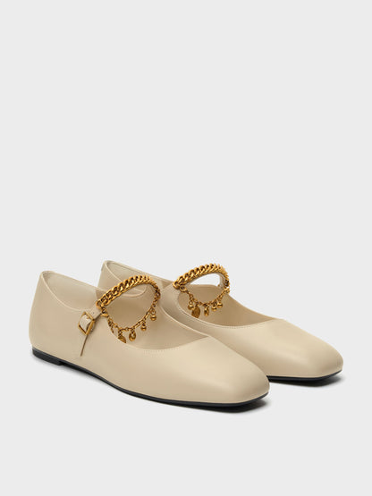 CHARLES & KEITH Signature | Double-Chain Charm Mary Jane Flats - Chalk