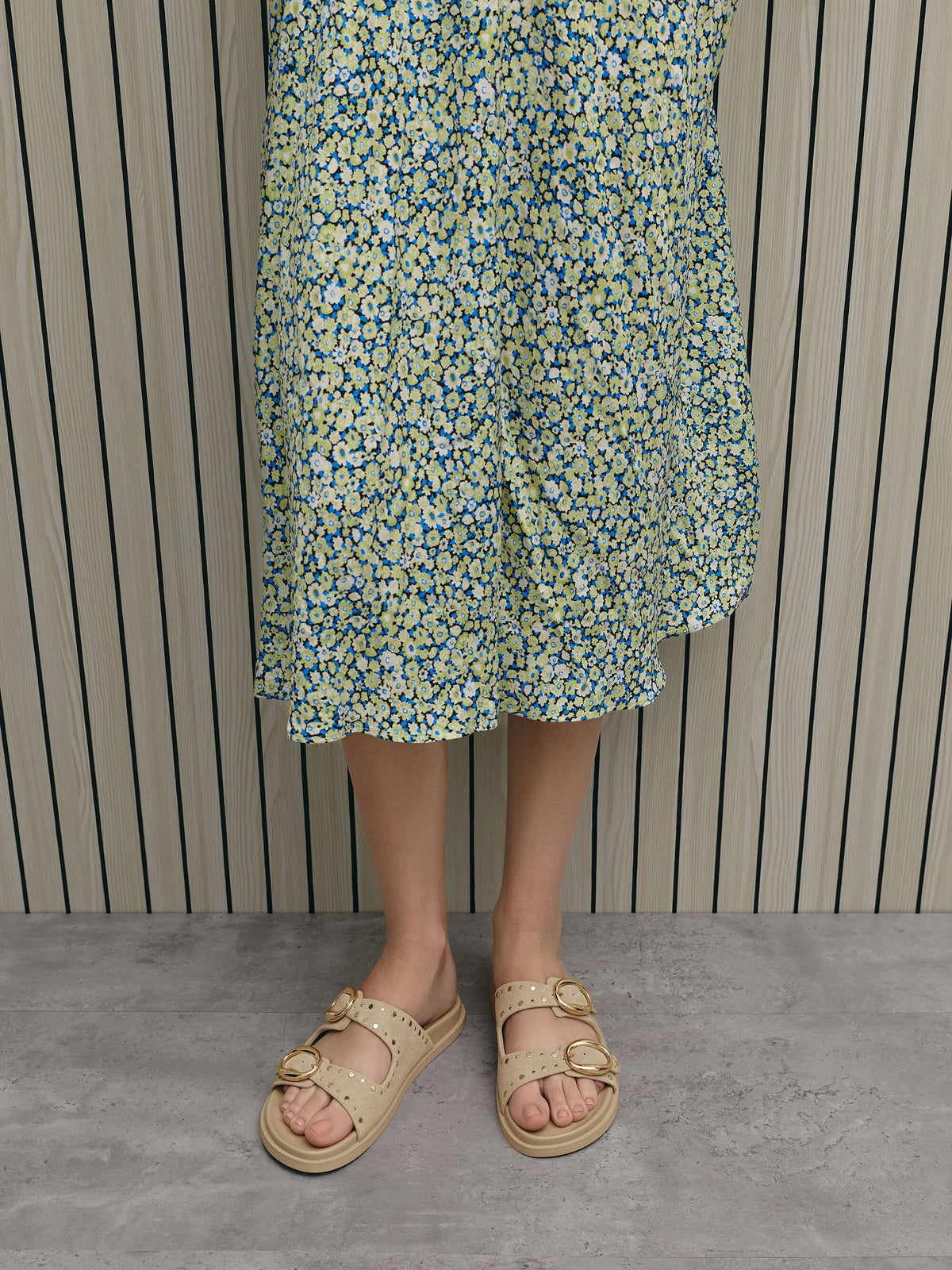 CHARLES & KEITH Essential | Studded Buckled Double-Strap Slides - Beige