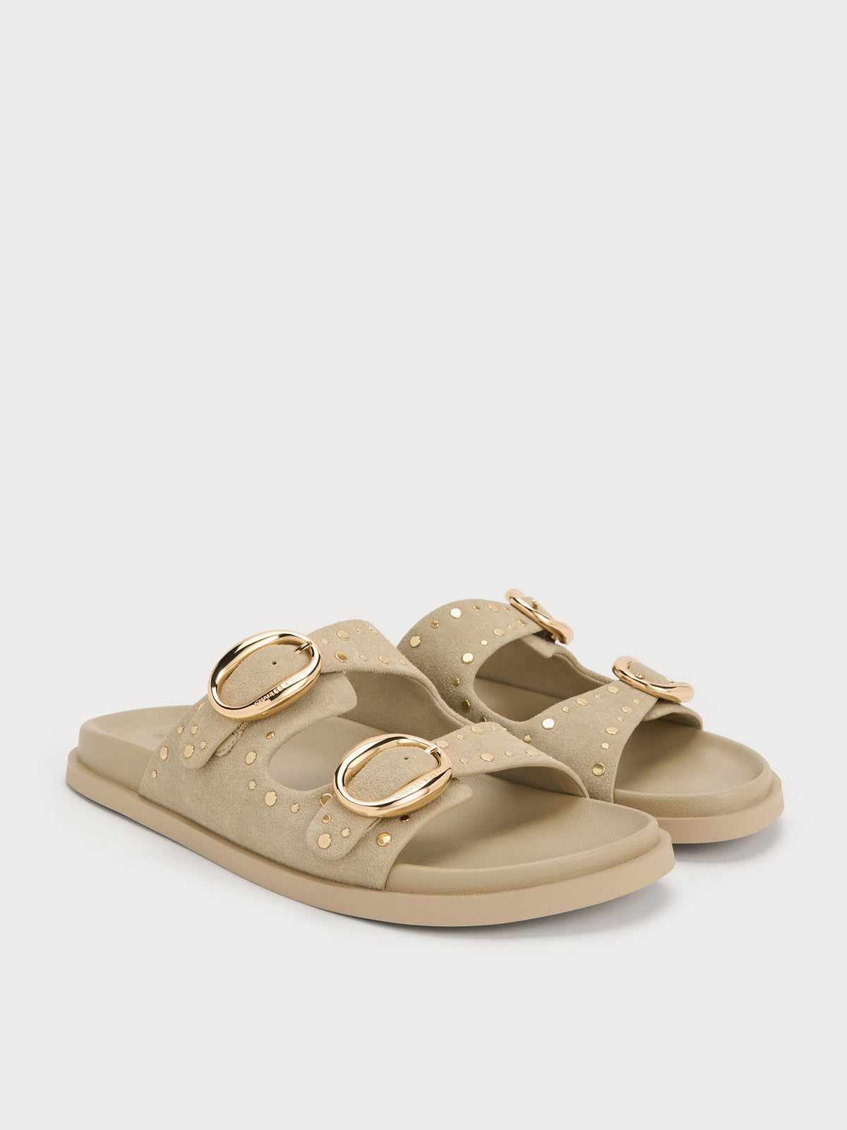 CHARLES & KEITH Essential | Studded Buckled Double-Strap Slides - Beige