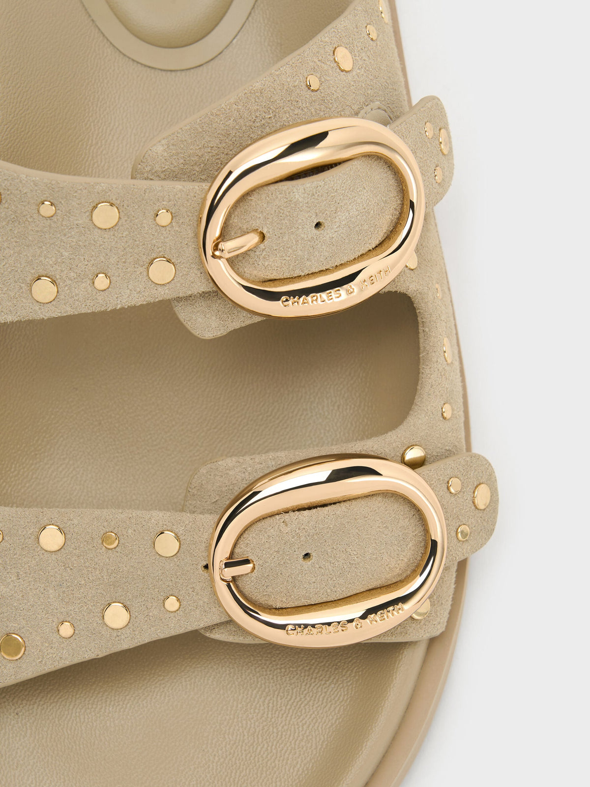 CHARLES & KEITH Essential | Studded Buckled Double-Strap Slides - Beige