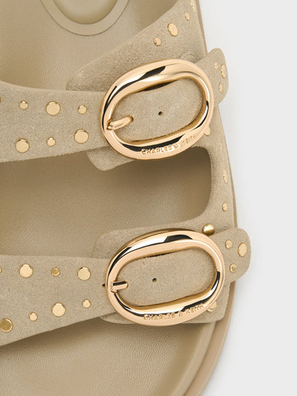 CHARLES & KEITH Essential | Studded Buckled Double-Strap Slides - Beige
