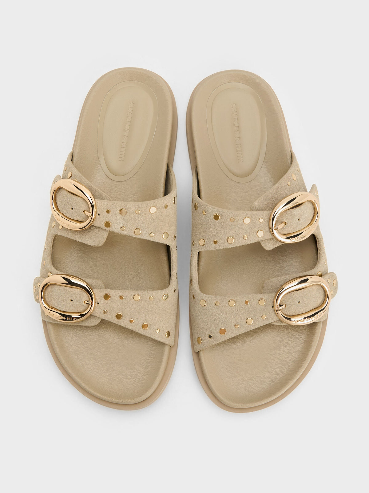CHARLES & KEITH Essential | Studded Buckled Double-Strap Slides - Beige