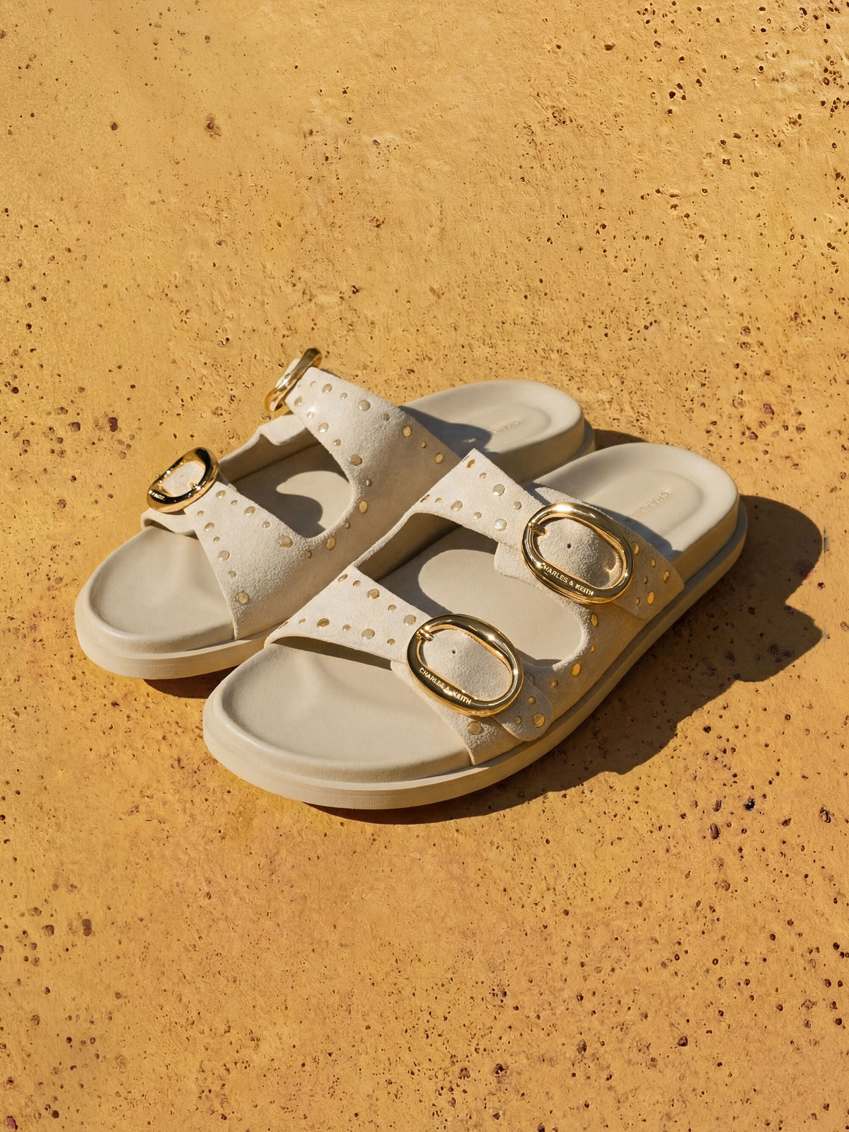 CHARLES & KEITH Essential | Studded Buckled Double-Strap Slides - Beige