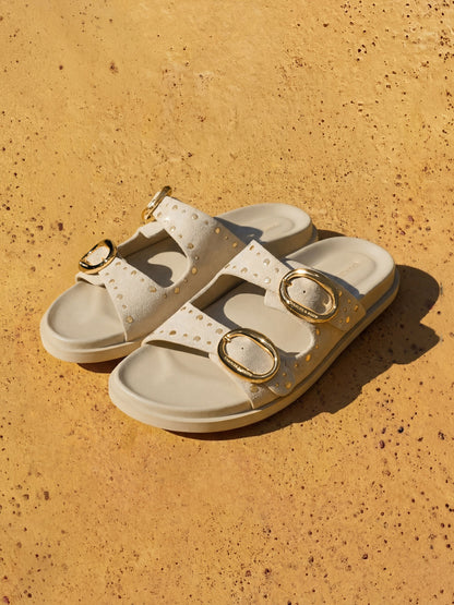 CHARLES & KEITH Essential | Studded Buckled Double-Strap Slides - Beige