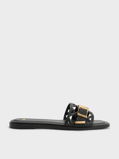 CHARLES & KEITH Everyday | Whitney Leather Cut-Out Slide Sandals - Black
