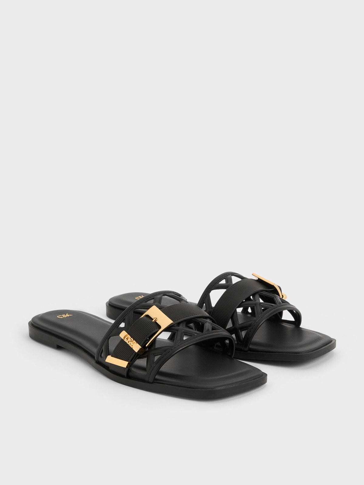 CHARLES & KEITH Everyday | Whitney Leather Cut-Out Slide Sandals - Black