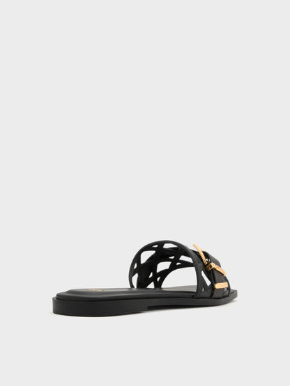 CHARLES & KEITH Everyday | Whitney Leather Cut-Out Slide Sandals - Black