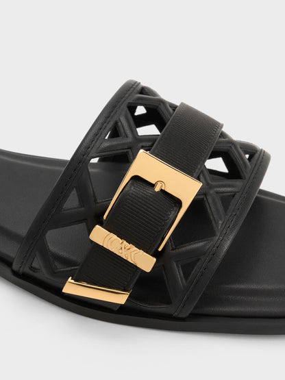 CHARLES & KEITH Everyday | Whitney Leather Cut-Out Slide Sandals - Black