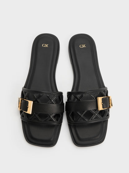 CHARLES & KEITH Everyday | Whitney Leather Cut-Out Slide Sandals - Black