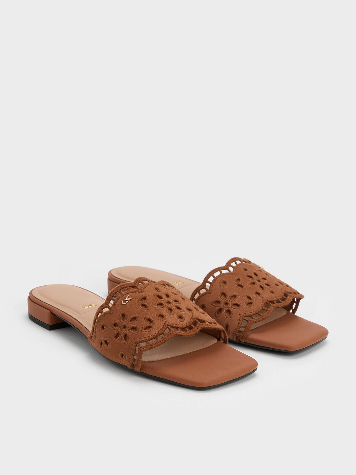 CHARLES & KEITH Best Price | Leather Embroidered Slide Sandals - Cognac