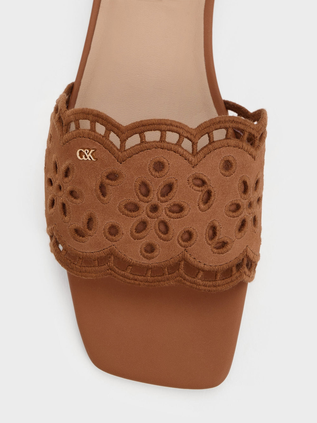 CHARLES & KEITH Best Price | Leather Embroidered Slide Sandals - Cognac