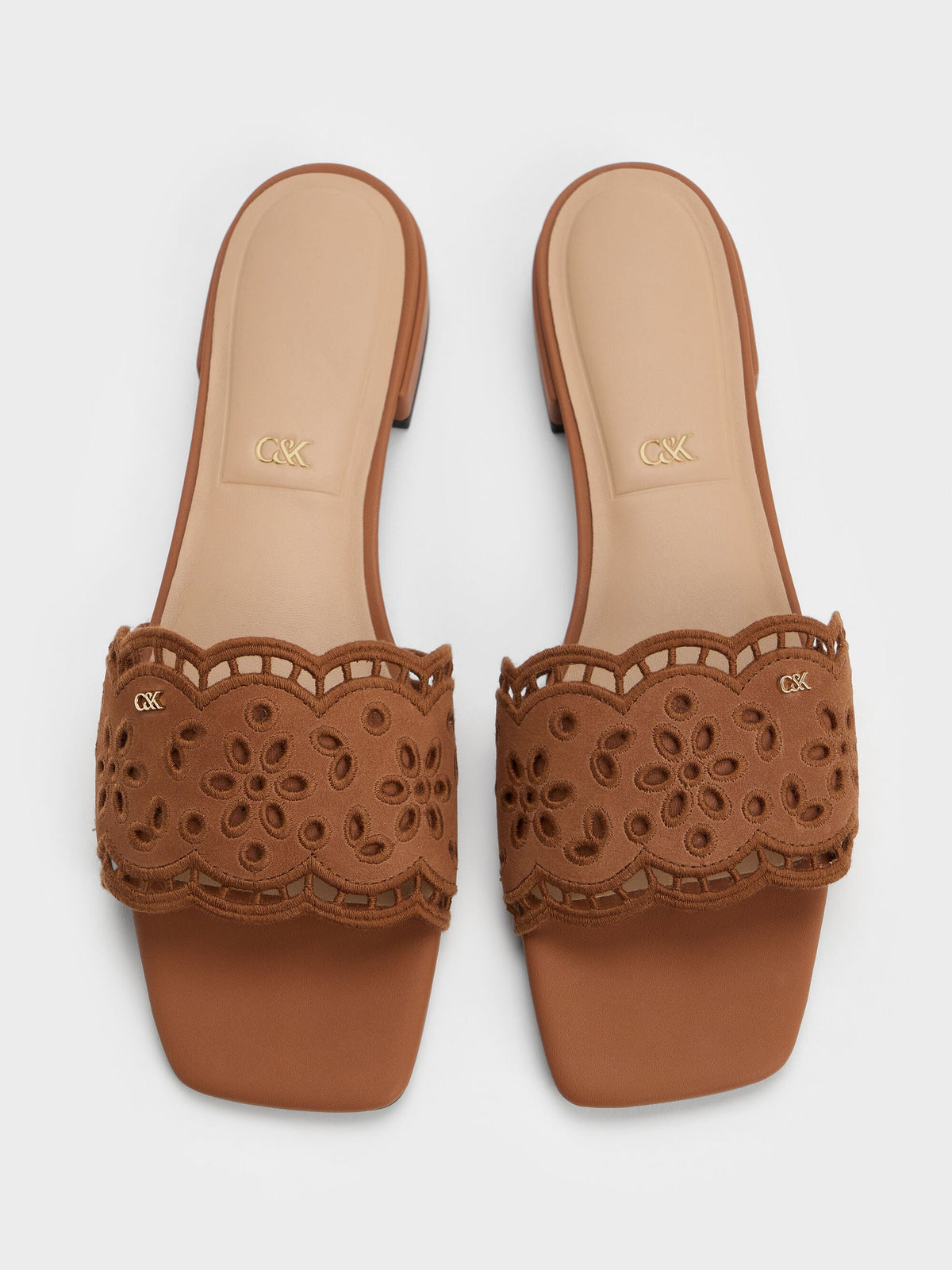 CHARLES & KEITH Best Price | Leather Embroidered Slide Sandals - Cognac