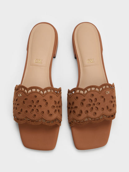 CHARLES & KEITH Best Price | Leather Embroidered Slide Sandals - Cognac