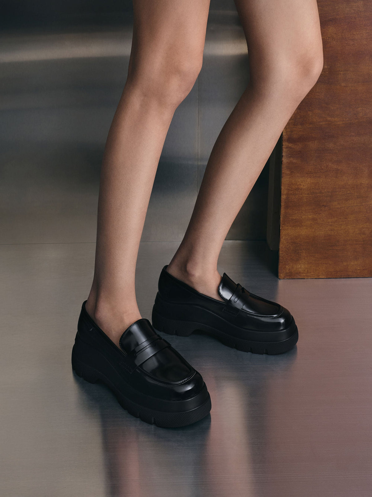 CHARLES & KEITH Latest | Leoi Platform Penny Loafers - Black Box