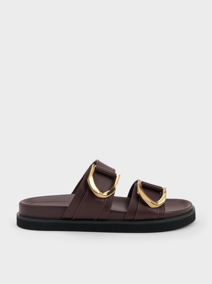 CHARLES & KEITH Trending | Gabine Gold-Buckle Leather Slides - Plum