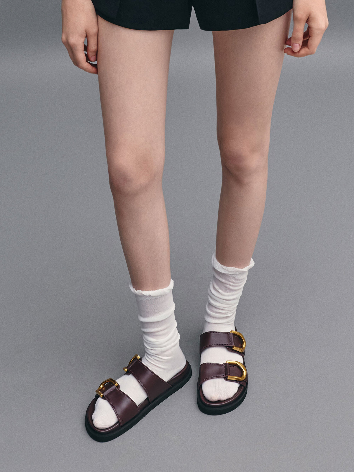 CHARLES & KEITH Trending | Gabine Gold-Buckle Leather Slides - Plum