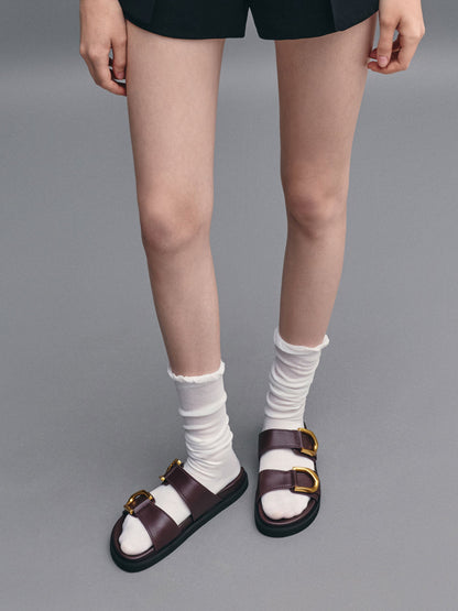 CHARLES & KEITH Trending | Gabine Gold-Buckle Leather Slides - Plum