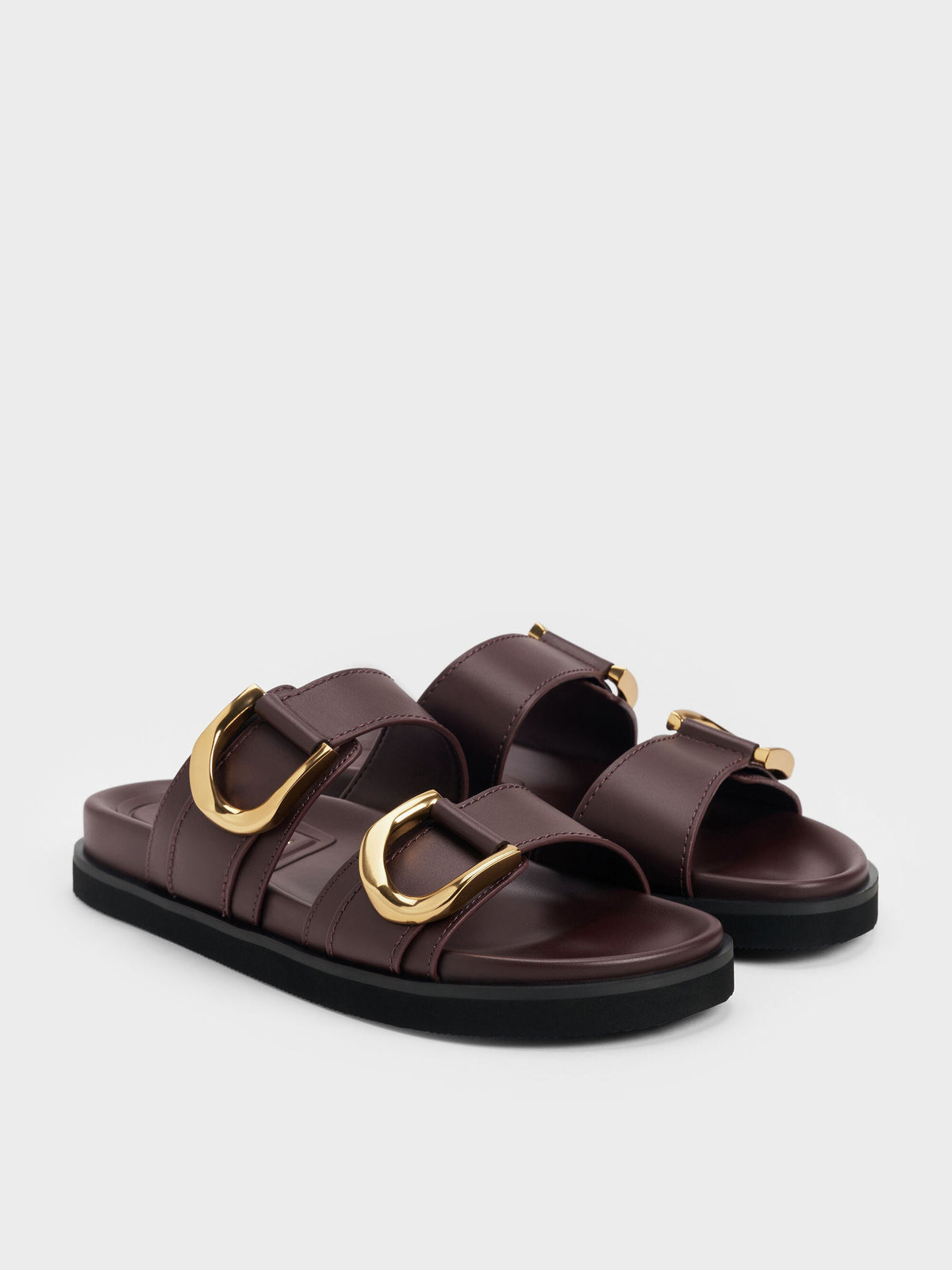 CHARLES & KEITH Trending | Gabine Gold-Buckle Leather Slides - Plum