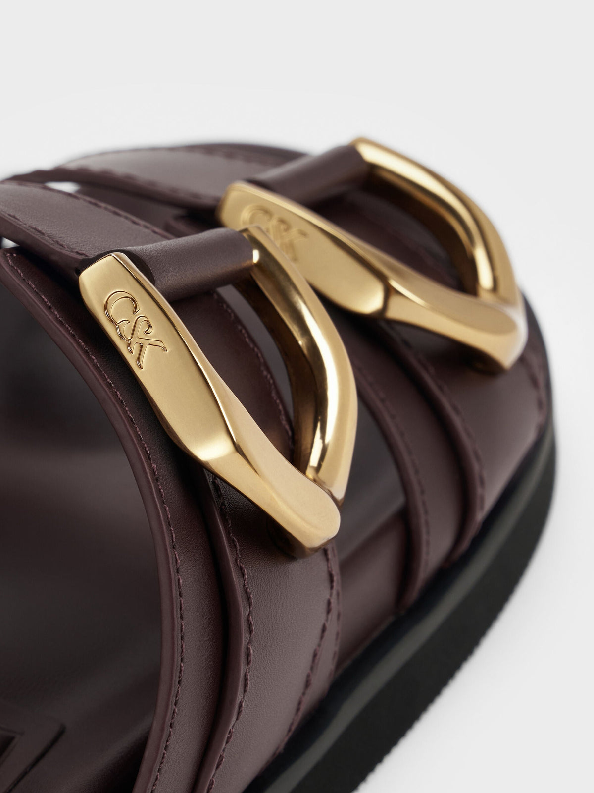CHARLES & KEITH Trending | Gabine Gold-Buckle Leather Slides - Plum