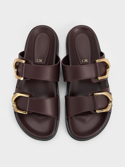 CHARLES & KEITH Trending | Gabine Gold-Buckle Leather Slides - Plum