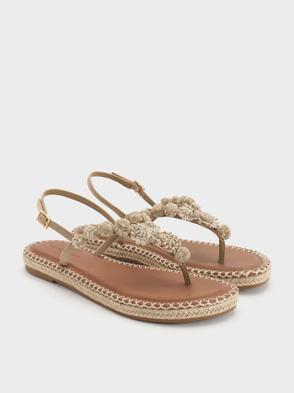 CHARLES & KEITH Signature | Faux Suede Flower Espadrille Thong Sandals - Sand