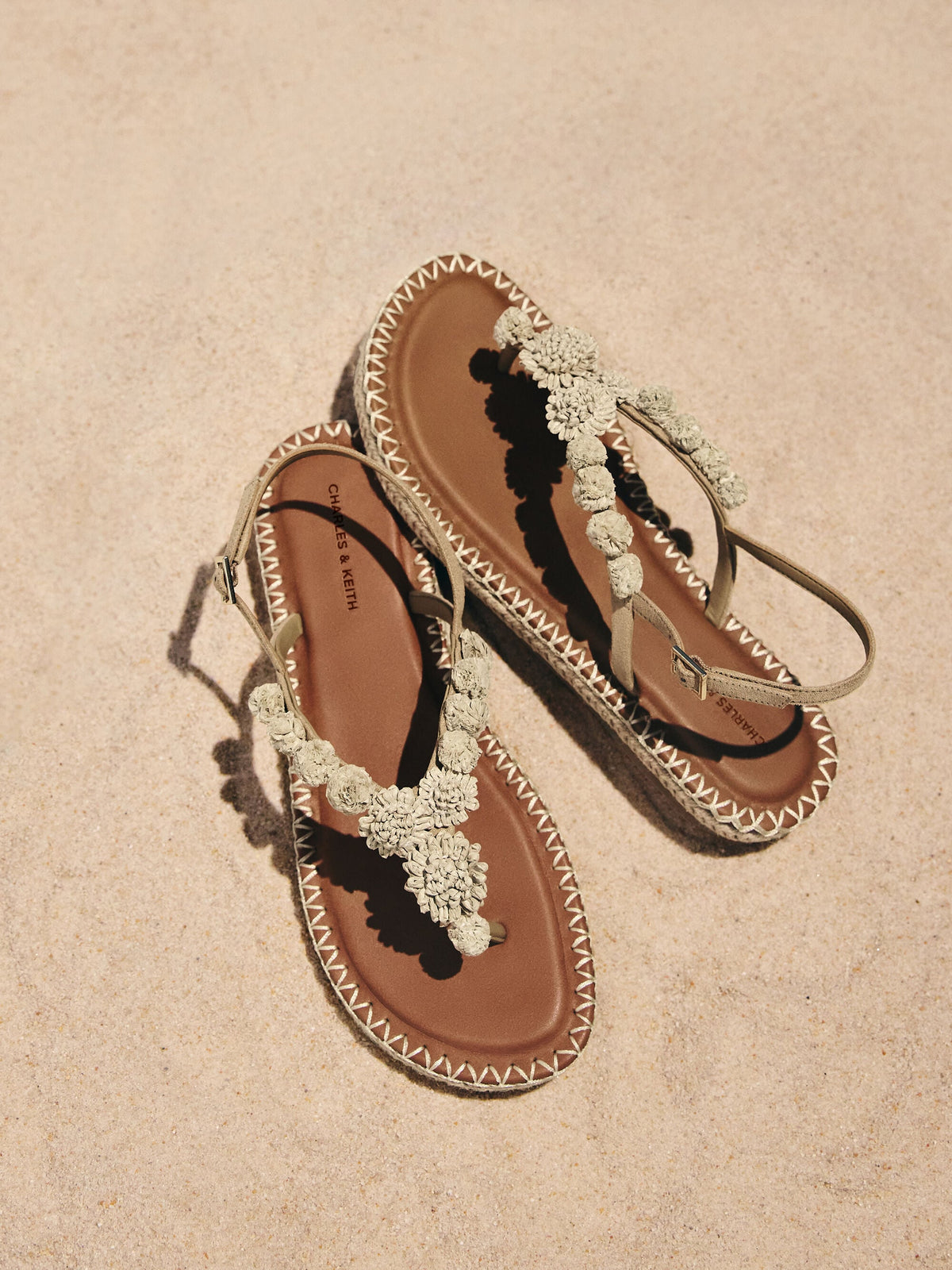 CHARLES & KEITH Signature | Faux Suede Flower Espadrille Thong Sandals - Sand