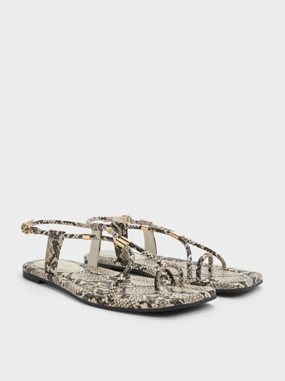 CHARLES & KEITH Quality | Snake-Print Metallic-Accent Toe-Ring Sandals - Animal Print Natural