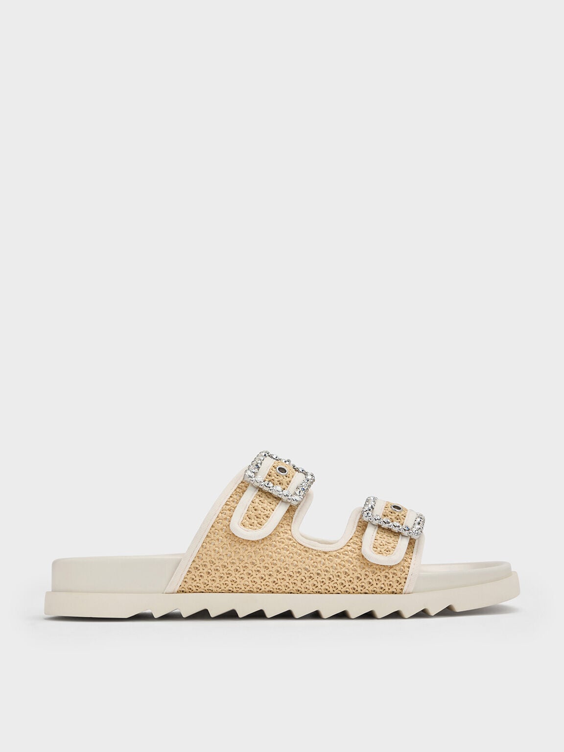 CHARLES & KEITH Value | Raffia Gem-Buckle Double-Strap Sandals - Sand