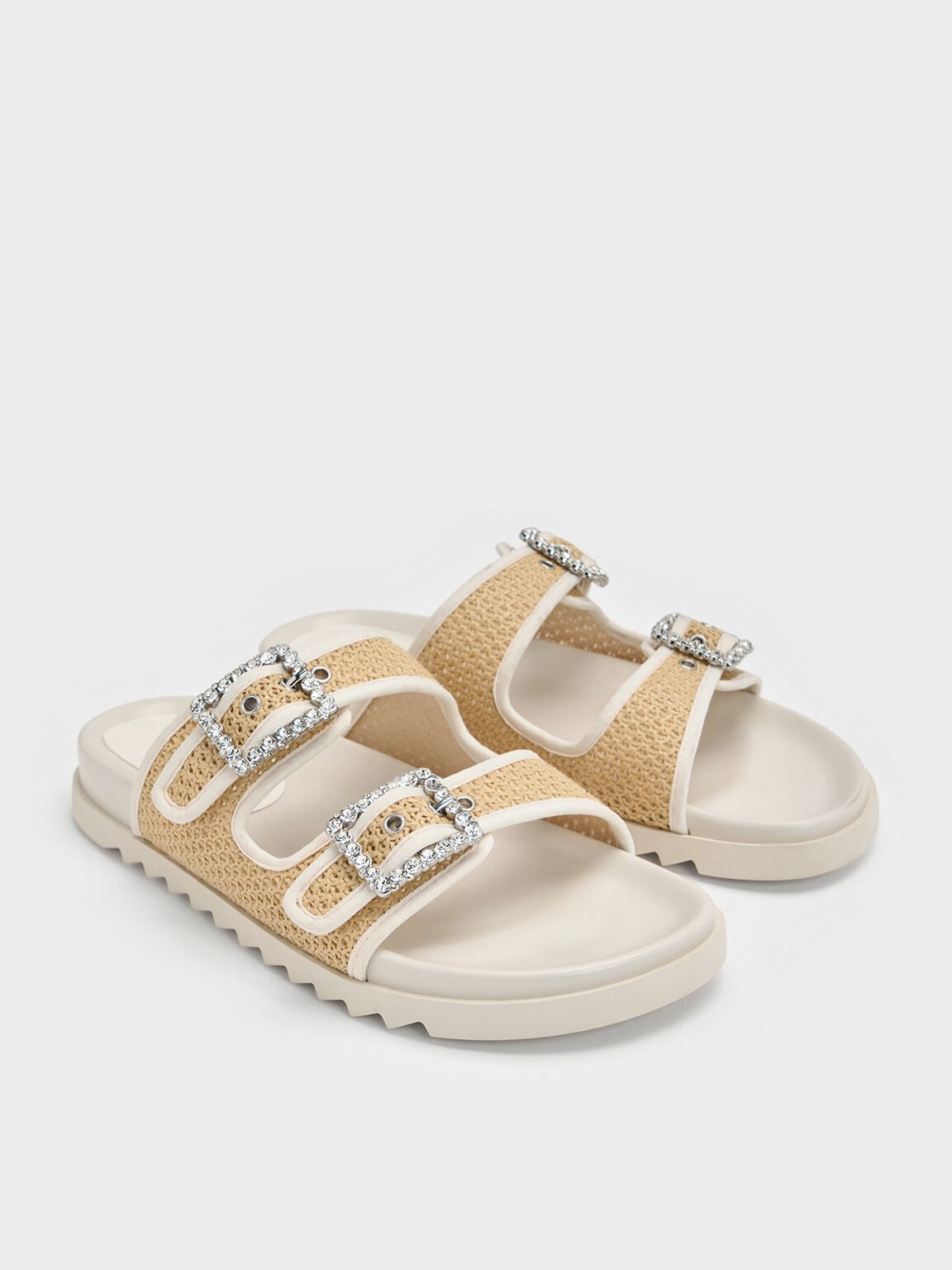 CHARLES & KEITH Value | Raffia Gem-Buckle Double-Strap Sandals - Sand