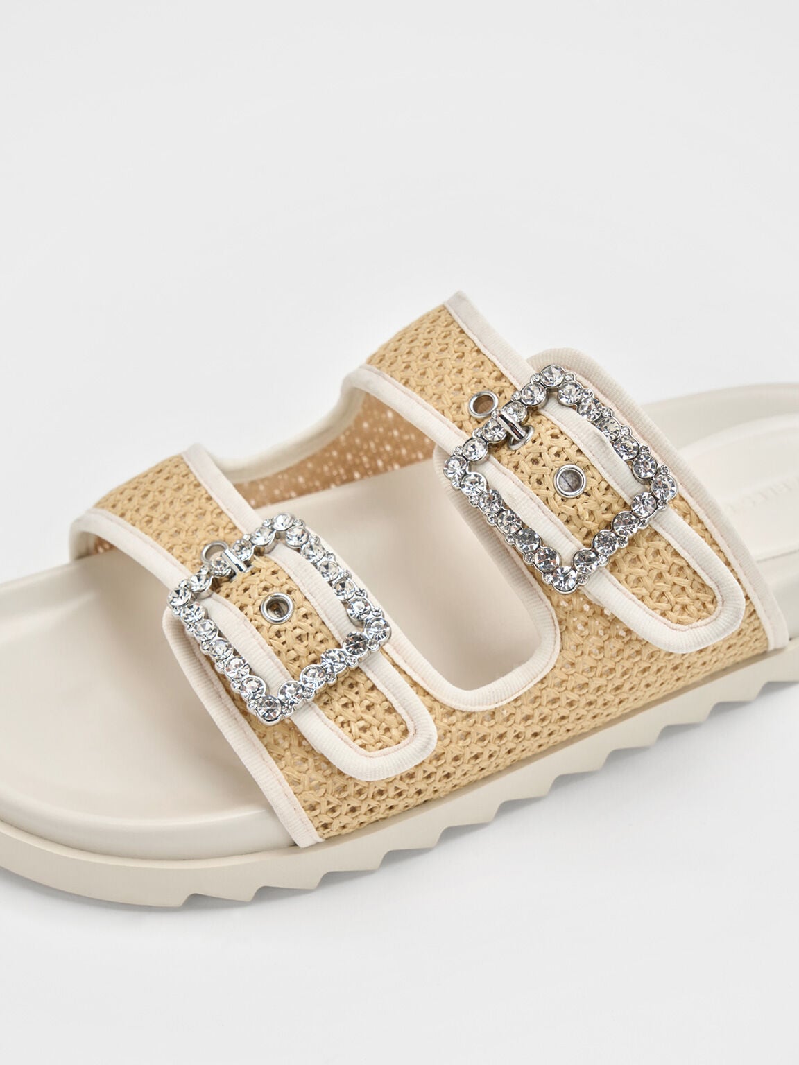 CHARLES & KEITH Value | Raffia Gem-Buckle Double-Strap Sandals - Sand