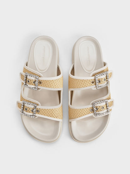 CHARLES & KEITH Value | Raffia Gem-Buckle Double-Strap Sandals - Sand