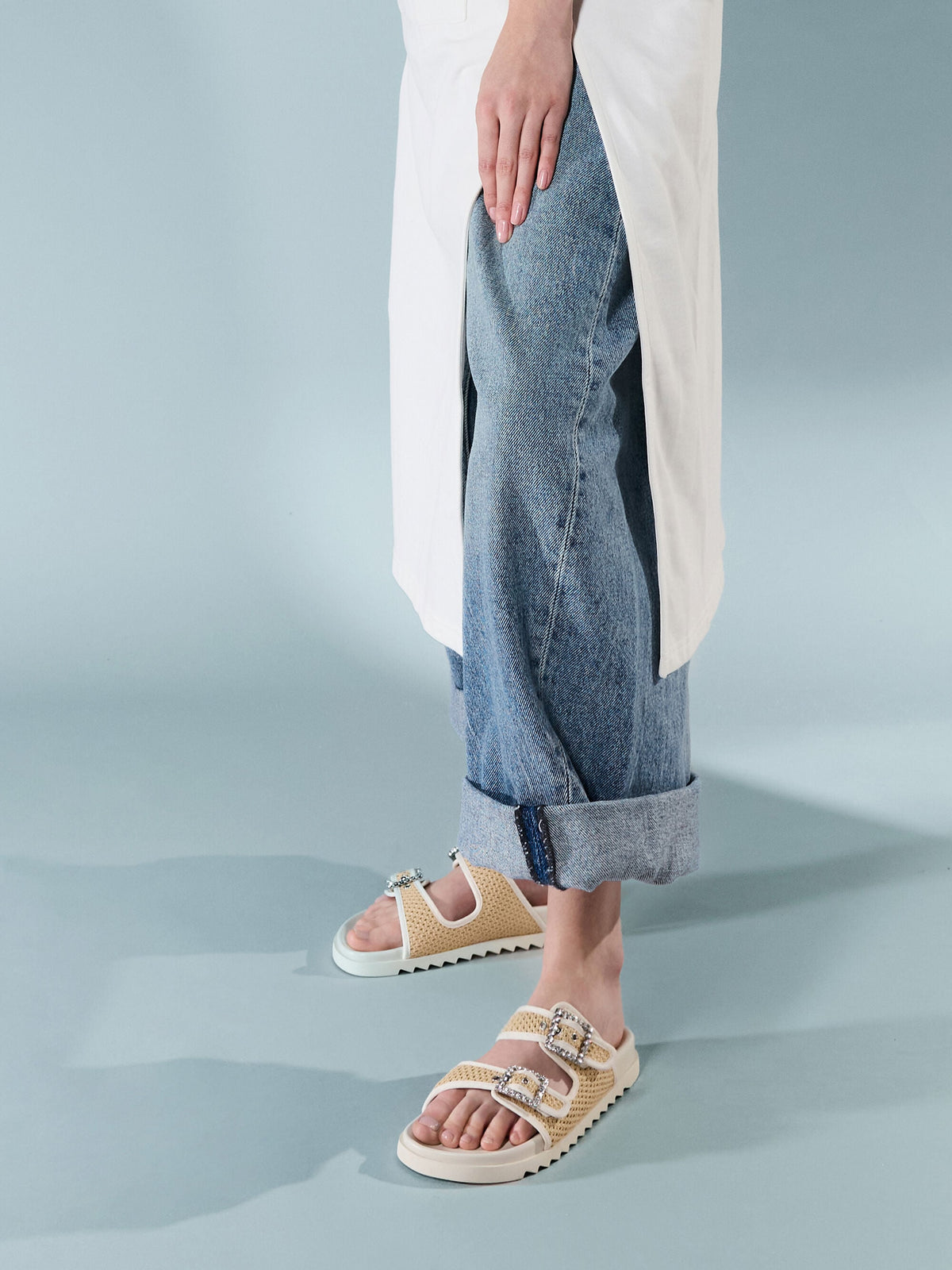 CHARLES & KEITH Value | Raffia Gem-Buckle Double-Strap Sandals - Sand