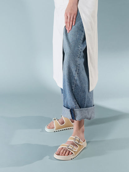 CHARLES & KEITH Value | Raffia Gem-Buckle Double-Strap Sandals - Sand