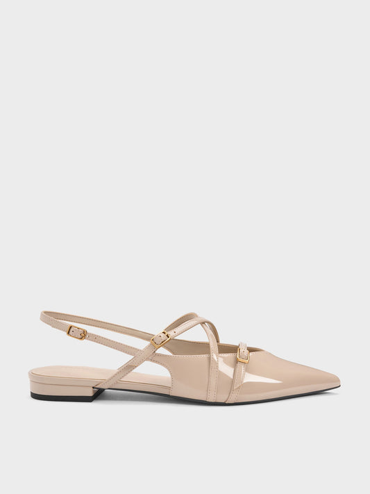 CHARLES & KEITH Best Seller | Maybelle Patent Strappy Slingback Flats - Nude