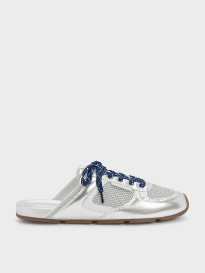 CHARLES & KEITH Premium | Metallic Mesh Lace-Up Sneaker Mules - Silver