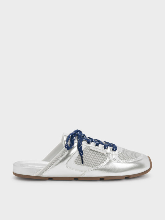 CHARLES & KEITH Premium | Metallic Mesh Lace-Up Sneaker Mules - Silver