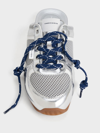 CHARLES & KEITH Premium | Metallic Mesh Lace-Up Sneaker Mules - Silver